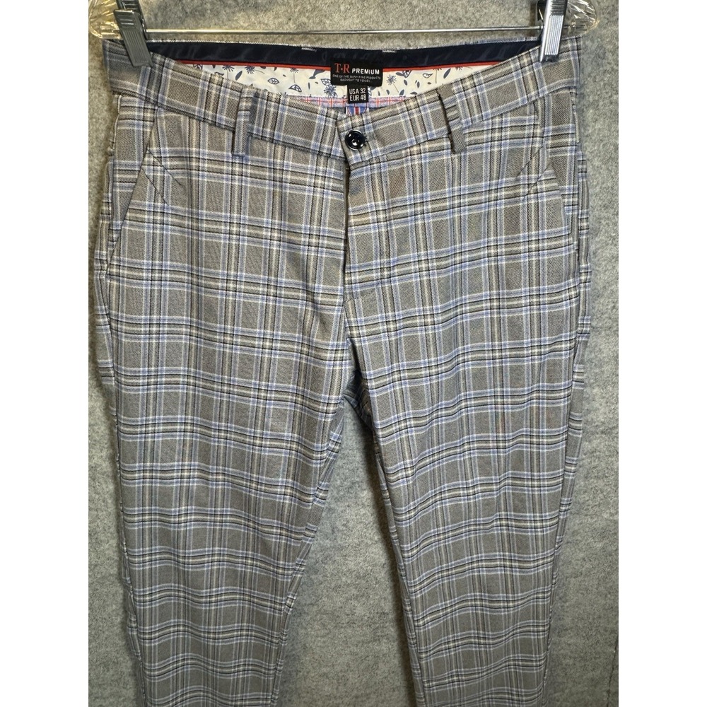 TR Premium Men's Plaid Tailored Pants 32 Gray Blue Stretch Slim Fit Trousers - Picture 9 of 16